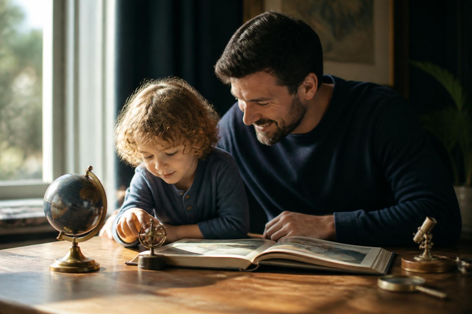 A parent and child exploring a book together at a sunlit table